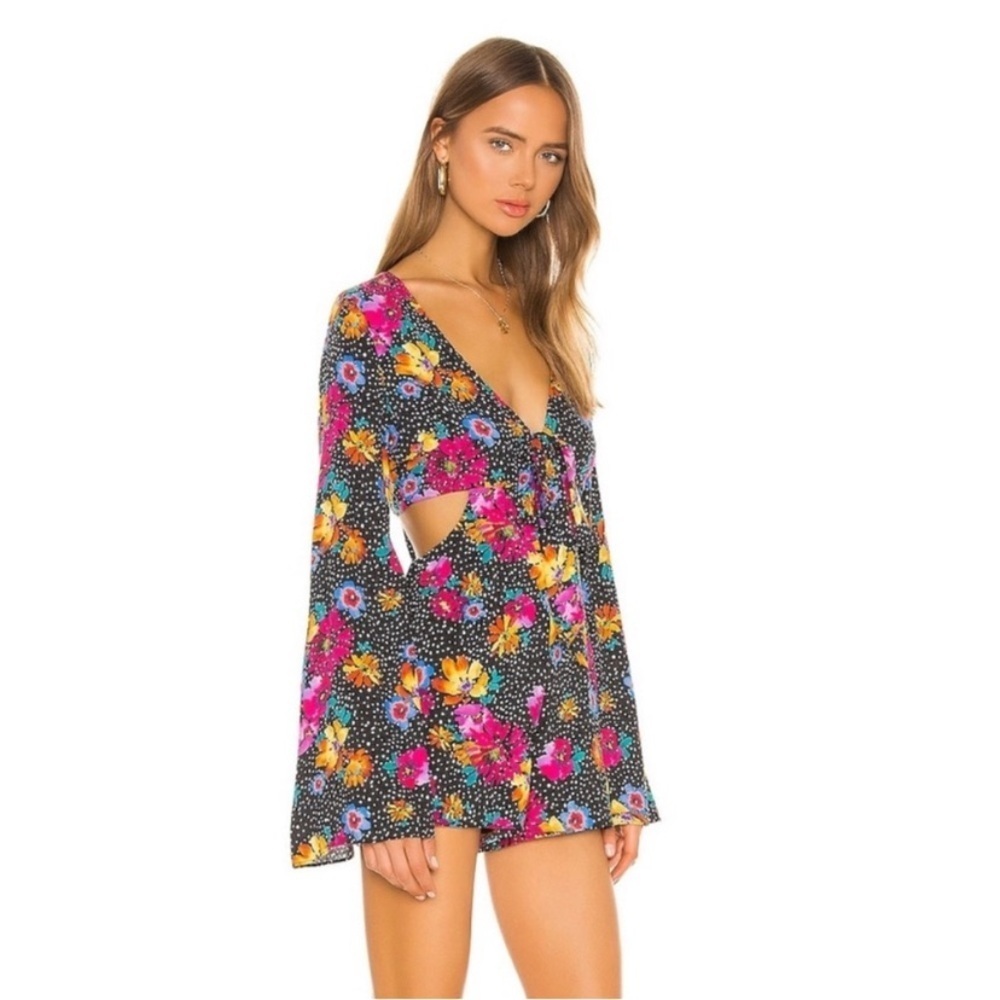 Majorelle Revolve Neon Floral Polka Dot Sunset Romper Long Sleeve Medium Cutout